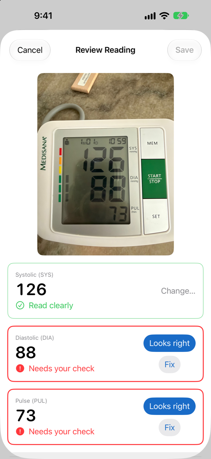 Review screen: one value read clearly, two flagged for a check